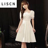 LISCN白色禮服連衣裙女夏小個(gè)子洋裝輕奢小眾高端平時(shí)可穿領(lǐng)證登記白裙 白色 S