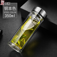 希諾（HEENOOR）摔不爛鋼化玻璃杯500ml耐摔高溫硼硅雙層玻璃杯保護(hù)套男士茶杯 加厚款鋼本色350mlML
