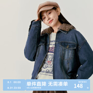 樂町短款毛領(lǐng)牛仔外套秋冬新款拼接毛感翻領(lǐng)復(fù)古水洗牛仔夾克 深牛仔藍（現(xiàn)貨） S