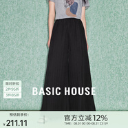 Basic House/百家好水墨印花垂感闊腿褲夏慵懶度假風(fēng)高腰松緊長(cháng)褲 黑色 XL