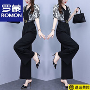 羅蒙（ROMON）夏季新款職業(yè)裝連體衣氣質(zhì)印花雪紡拼接闊腿連體褲修身系帶高腰 黑色連體褲 XL 建議120-130斤