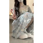 唐曉笙甜美初戀碎花連衣裙女夏季小個子在逃公主蛋糕裙收腰仙女蓬蓬裙 藍色[夏日絕美小裙子/初戀/欲/梨 L