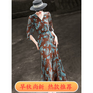 蘭瑟兒2025早秋新款氣質(zhì)法式復(fù)古收腰系帶V領(lǐng)印花荷葉邊連衣裙女 咖啡色 藍(lán)咖印花 M