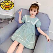 G.DUCKKIDS女童連衣裙夏裝2025新款大童兒童洋氣公主裙童裝夏季女孩純棉裙子 海軍領(lǐng)綠色 140 建議10-11歲