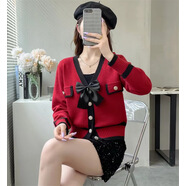 溥畔撞色系帶蝴蝶結(jié)軟糯毛衣女秋冬季百搭V領(lǐng)修身顯瘦針織衫上衣 紅色 均碼