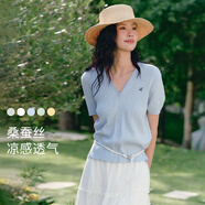 伊芙麗（eifini）【夏季薄款全新升級(jí)】伊芙麗高智麻花毛衣短袖針織衫女 藍(lán)色 短袖V領(lǐng)現(xiàn)貨 M 105-115斤