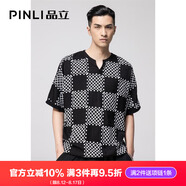 PINLI品立短袖T恤男夏季潮牌幾何格子印花V領(lǐng)半袖男士體恤 黑色 2XL 185
