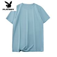 花花公子（PLAYBOY）冰絲短袖T恤夏季冰爽絲滑男衣服韓版寬松薄款半袖男裝體恤 冰絲-淺藍 XL