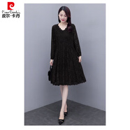 皮爾卡丹（pierre cardin）春秋蕾絲連衣裙2025新款大碼女胖mm中長(cháng)款打底裙寬松遮肚A字裙子 218黑色 M