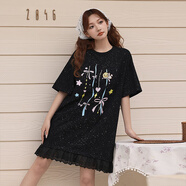 B.Duck小黃鴨短袖連衣裙女2025夏季新款蕾絲花邊細閃黑色連身裙 黑色 S