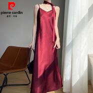 皮爾卡丹（pierre cardin）優(yōu)雅氣質(zhì)感吊帶裙女光澤緞面顯瘦裙子夏季新款連衣裙高腰修身長裙 安可拉紅 L