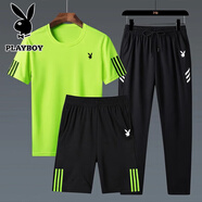 花花公子（PLAYBOY）【三件套】短袖T恤男半袖上衣短褲休閑三件套夏季新款商務 熒光綠三件套 7XL (225斤-245斤)