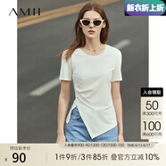 AMII夏新款短袖T恤女正肩設(shè)計(jì)感不規(guī)則褶皺開叉莫代爾上衣 米白 165/88A/L