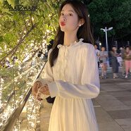 妤遇（YUUZYUUS）法式蕾絲連衣裙女2025春秋新款立領(lǐng)木耳邊內(nèi)搭氣質(zhì)收腰顯瘦中長(zhǎng)裙 杏色 M
