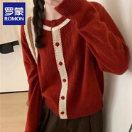 羅蒙（ROMON）針織衫女春秋新款韓版紅色開衫毛衣女拼接復(fù)古減齡小香風(fēng)上衣女 紅色 均碼 (適合80-140斤)