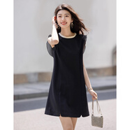 德瑪納【優(yōu)雅進(jìn)階】夏季垂順80D亂麻木耳邊圓領(lǐng)小黑裙飛飛袖女連衣裙