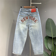 背后紅色字母刺繡牛仔垮褲女2024年春季新款淺藍(lán)色彈力大碼哈倫褲 淺藍(lán)色 實體店好質(zhì)量 26