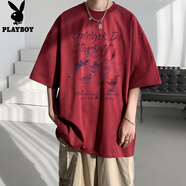 花花公子300G重磅純棉短袖T恤男生夏季爪印設(shè)計(jì)感半袖體恤寬松打底衫潮牌 酒紅色 S