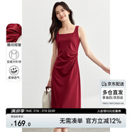 尚都比拉法式連衣裙女夏天赫本風(fēng)氣質(zhì)A字裙抽褶收腰顯瘦背帶裙 安可拉紅 M