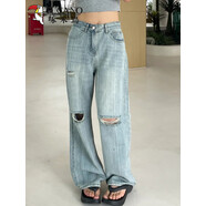 啄木鳥(niǎo)（TUCANO）牛仔褲春秋季胖mm大碼顯瘦褲子女款寬松bf慵懶風(fēng)闊腿褲高腰直筒褲 淺藍色破洞粗條紋 淺藍色破洞粗 L 100斤-120斤