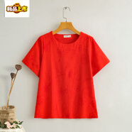 初徑棉麻女夏季新款寬松短袖文藝范亞麻刺繡t恤打底圓領(lǐng)上衣大碼文藝T 紅色 L