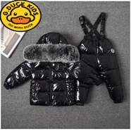 G.DUCKKIDS冬季新款兒童羽絨服套裝寶寶嬰兒背帶褲套裝男童女童貉子毛滑雪服 黑色色分體（配狐貍毛領(lǐng)） 85cm