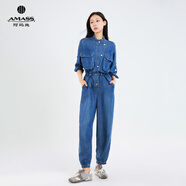 阿瑪施 AMASS女裝褲子雅丹風(fēng)女褲休閑褲百搭做舊減齡顯瘦寬松牛仔褲5100495 藍色 L (4碼)