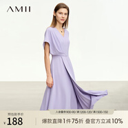 AMII2025夏新款V領(lǐng)解構(gòu)不對稱收褶連衣裙女荷葉袖短袖收腰小黑裙 香芋紫 160/84A/M