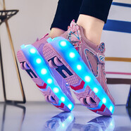 BAOZOUXIE暴走鞋四輪男童輪滑鞋女童可變形輪子鞋學(xué)光鞋兒童大人滑輪鞋 659粉色四輪帶燈 一鍵收縮 29 碼鞋內長(cháng)19.1cm