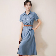 燕潯牛仔裙子女裝2025夏季新款復古翻領(lǐng)氣質(zhì)修身短袖中長(cháng)款連衣裙女 淺藍色 L