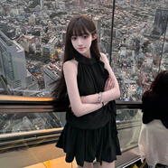 衫槿空法式復(fù)古赫本風露肩掛脖連衣裙女夏季甜美設(shè)計感絕美無袖花苞短裙 黑色【時尚連衣裙/小香風魚尾1 S