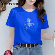 花花公子（PLAYBOY）女士恤短袖寬松時(shí)尚印花2025夏季新款正肩圓領(lǐng)體恤百搭上衣女潮 #克萊因藍(lán)-【藍(lán)冰玫瑰】高品質(zhì)棉 3XL 建議135-145斤