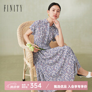 FINITY夏季淑女風(fēng)翻領(lǐng)短袖印花百搭顯瘦透氣親膚中長(zhǎng)款連衣裙 白底印花 L