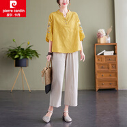 皮爾卡丹（pierre cardin）2025夏季新款休閑褲棉麻套裝女寬松文藝復古上衣哈倫褲2件套套裝 黃色上衣+杏褲 M 【建議95-115斤】