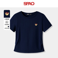 SPAO韓國同款小熊t恤女夏季新款透氣休閑圓領(lǐng)正肩短袖女SPDX25AT06LD 藏青#紅帽子熊-貼布繡 L