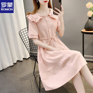 羅蒙（ROMON）紫色短袖連衣裙女2025夏季新款韓版甜美茶歇裙顯瘦收腰中長(cháng)款裙子 粉色 L