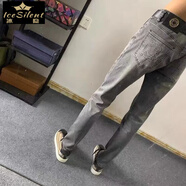 冰隱牛仔褲男2025春秋冬男士牛仔褲季美式新款刺繡字母修身九分褲子男 灰色M字母牛仔褲 L 30 105-125斤
