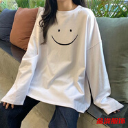 佐菲黛加大碼港味chic春秋內(nèi)搭長袖t恤女套頭上衣寬松慵懶風(fēng)印花體恤潮 Y63白色長袖 M 建議80-115斤)