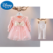 迪士尼（Disney）春秋季新款洋氣連衣裙周歲禮服秋裝1-4女寶寶春秋4嬰兒公主裙子 粉紅色兩件套 73 cm