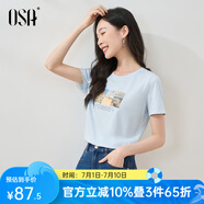 歐莎（OSA）T恤女士夏季新款衣服短袖印花上衣體恤修身潮清爽冰瓷棉感 淺藍色 L