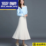 羅蒙（ROMON）高檔秋冬新款針織羊毛百褶裙中長(cháng)款半身裙女大擺長(cháng)裙高腰Aa字毛線(xiàn) 米白色 【高彈力·款】 加厚 M 建議【95-110斤】