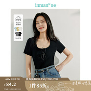 茵曼（INMAN）撞色羅紋棉女裝U領短袖T恤修身氣質休閑通勤2025夏季新款短款上衣 黑色 -18518134 L