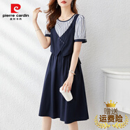 皮爾卡丹（pierre cardin）品牌2025夏季新款時(shí)尚韓版顯瘦百搭氣質(zhì)條紋撞色拼接假兩件連衣裙 藍(lán)色 XL