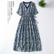 帛雷斯諾苧麻連衣裙輕奢感高端棉麻v領(lǐng)女夏季2025新款氣質(zhì)收腰亞麻碎花長(zhǎng) 藍(lán)色(連衣裙/高端連衣裙奢華/洋 M(建議90-115斤) 均碼