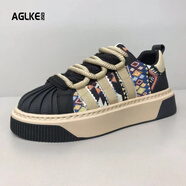 AGLKE品牌刺繡板鞋男2025年春季新款軟底百搭厚底增高鞋潮鞋休閑鞋男款 黑咖色 春秋款單里 單層 39 皮鞋碼