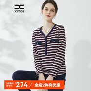 邢氏女裝春新款v領(lǐng)條紋打底衫女修身氣質(zhì)洋氣長(cháng)袖t恤上衣 藍紅條紋 3XL 46(170/108B
