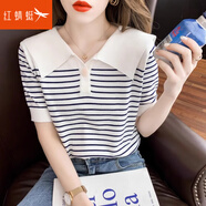紅蜻蜓冰絲短袖t恤女2025新款夏季條紋時尚洋氣海軍領針織上衣線衫體恤 藍條 均碼 建議80-130斤