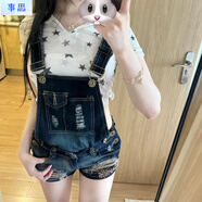 事思2025年夏季新款美式復(fù)古y2k辣妹水洗牛仔背帶短褲女破洞連體褲子 藍(lán)色 S
