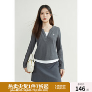 獨(dú)束大碼女裝時(shí)髦假兩件百搭T恤女春裝新款V領(lǐng)顯瘦慵懶感長袖小上衣 芝麻灰 XL (尺碼：3)