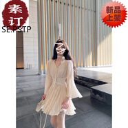 夏典素訂女王（SE.PSTP）感杏白色V領(lǐng)喇叭袖百褶收腰雪紡連衣裙2025新款長(cháng)袖仙女短裙 仙杏色 含花朵 S